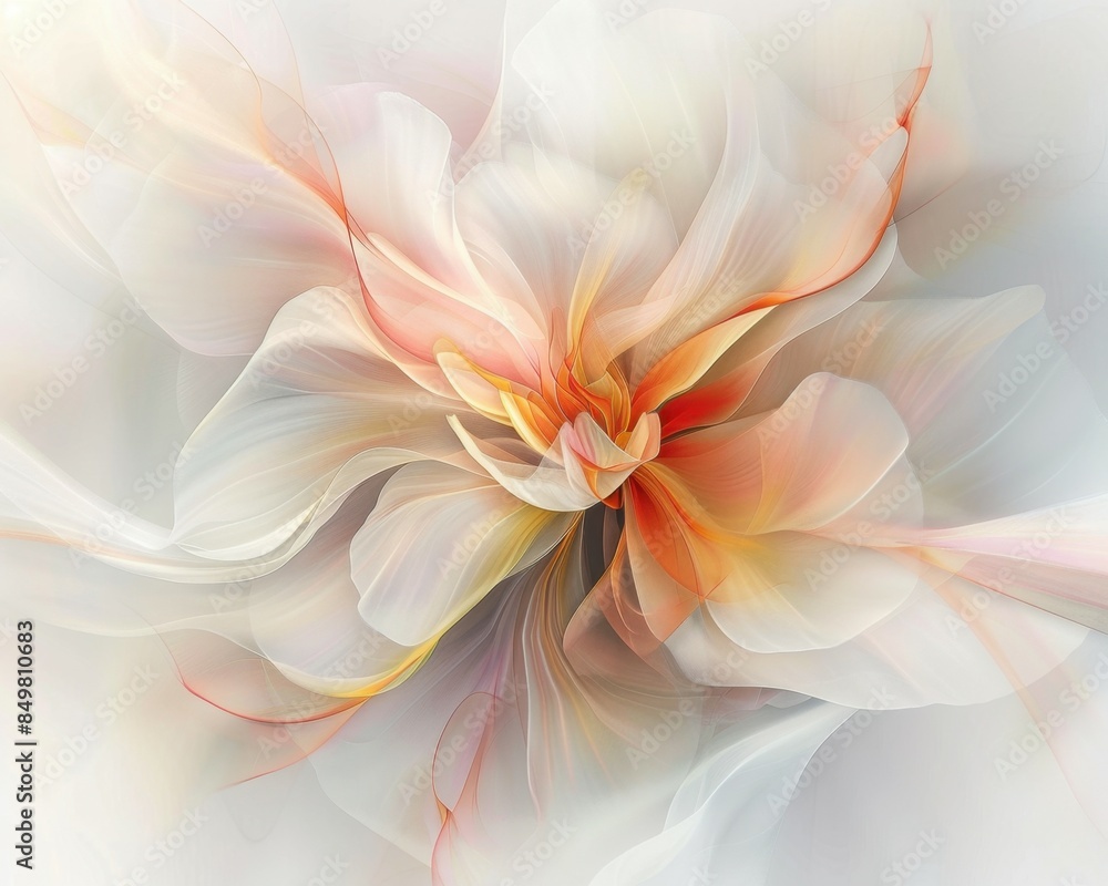 Elegant abstract flower, petals in soft hues of white, peach, and orange, flowing gracefully in a dreamy, ethereal composition against a light background. Elegant abstract flower, petals in soft hues of white, peach, and orange, flowing gracefully in a dreamy, ethereal composition against a light background.