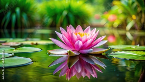 Pink water lily surrounded by lush greenery in a serene pond, lotus, pond, water lily, pink, flower, nature, garden