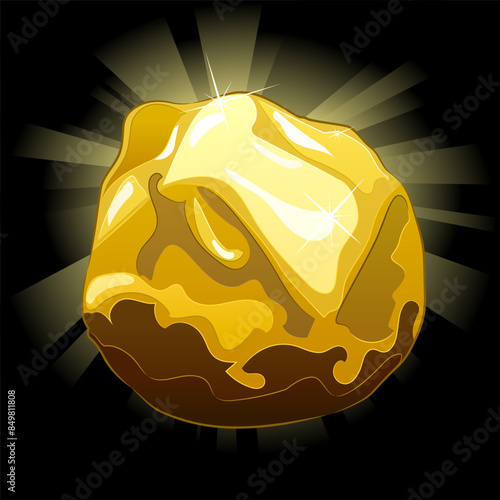 Shiny large natural gold nugget on a dark background. 
Vector illustration of a gold nugget with a natural uneven shape and a shiny surface. Mining, investment in precious metals, jewelry