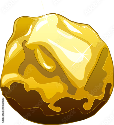 Large natural gold nugget. 
Vector illustration of a gold nugget with a natural uneven shape and a shiny surface. Mining, investment in precious metals, jewelry, geological research. 