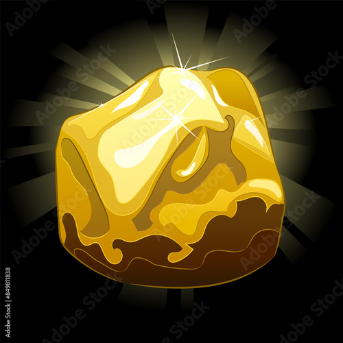 Shiny large natural gold nugget on a dark background. 
Vector illustration of a gold nugget with a natural uneven shape and a shiny surface. Mining, investment in precious metals, jewelry