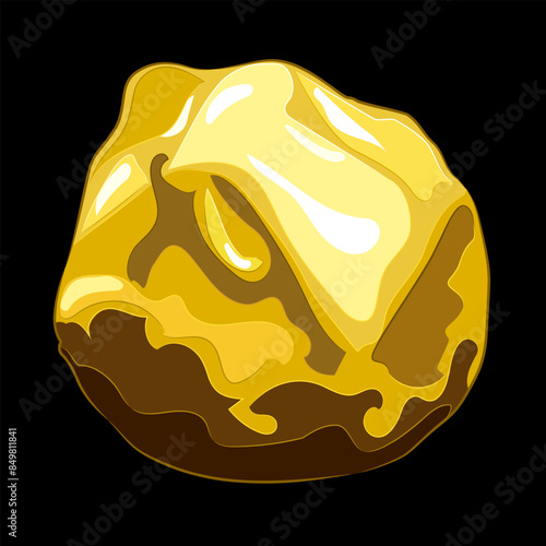Large natural gold nugget on black background. 
Vector illustration of a gold nugget with a natural uneven shape and a shiny surface. Mining, investment in precious metals, jewelry
