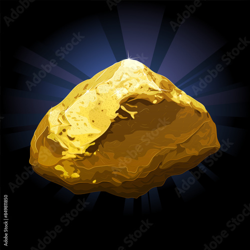 Realistic shiny natural gold nugget on a dark background. 
Vector illustration of a gold nugget with a natural uneven shape and a shiny surface. Mining, investment in precious metals, jewelry