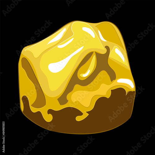 Large natural gold nugget on black background. 
Vector illustration of a gold nugget with a natural uneven shape and a shiny surface. Mining, investment in precious metals, jewelry