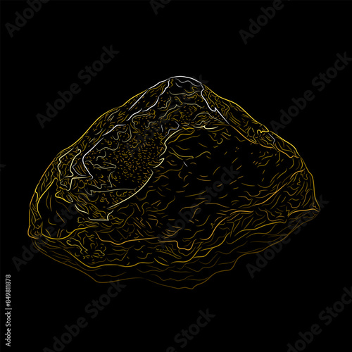 Detailed color line art of natural gold nugget on black background. 
Vector illustration of a gold nugget with a natural uneven shape and a shiny surface. Mining, investment in precious metals