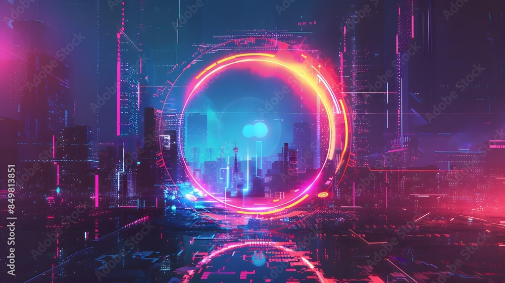 Fototapeta premium Glitch circle. Distorted glowing circle cyberpunk style. Futuristic round shape with TV interference effect. Design for promo music events, games, web, banners, backgrounds. 
