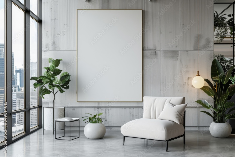 Mockup of blank wall with poster in office room created with Generative AI Mockup of blank wall with poster in office room created with Generative AI