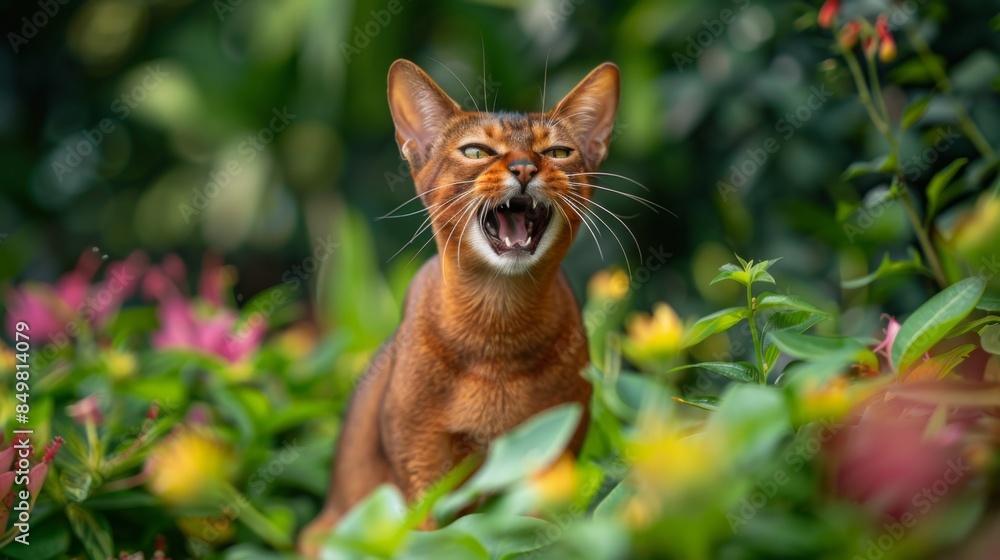 Captivating image of an Abyssinian cat growling with a lush, vibrant garden backdrop creating a dynamic contrast Captivating image of an Abyssinian cat growling with a lush, vibrant garden backdrop creating a dynamic contrast