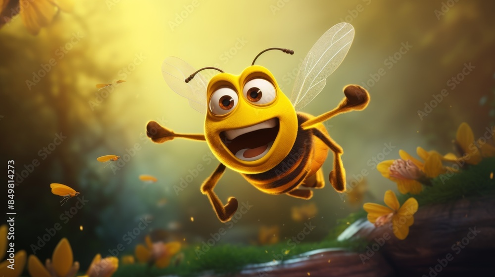 custom made wallpaper toronto digitalA cheerful 3D animated bee flies amidst a lush forest setting with magical lighting and flowers