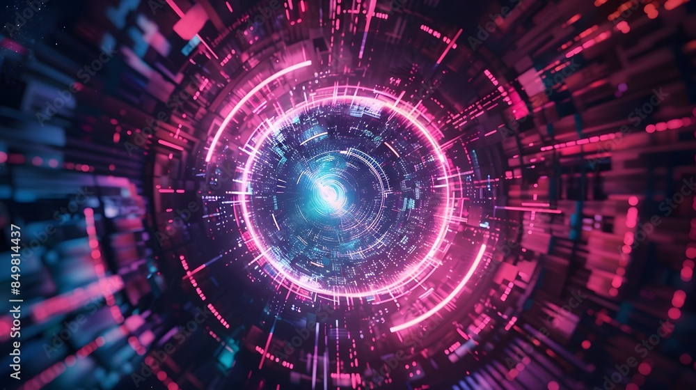 Fototapeta premium Glitch circle. Distorted glowing circle cyberpunk style. Futuristic round shape with TV interference effect. Design for promo music events, games, web, banners, backgrounds. 
