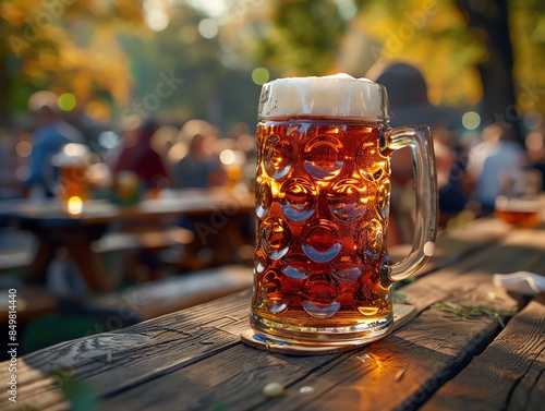 Traditional German beer stein filled with frothy beer, Oktoberfest setting, people in traditional attire in the background