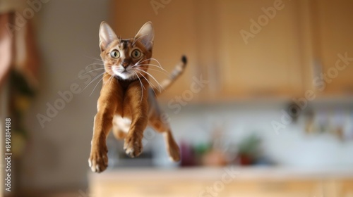 A dynamic image of a cat caught in the act of leaping within a domestic kitchen environment