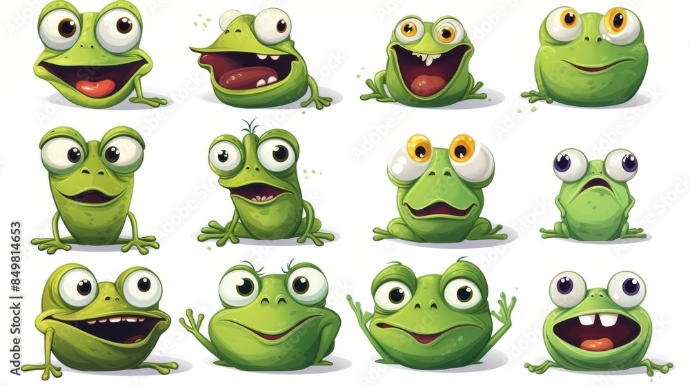 Series of cartoon frogs with surprised and funny faces covering their mouth and looking puzzled Series of cartoon frogs with surprised and funny faces covering their mouth and looking puzzled