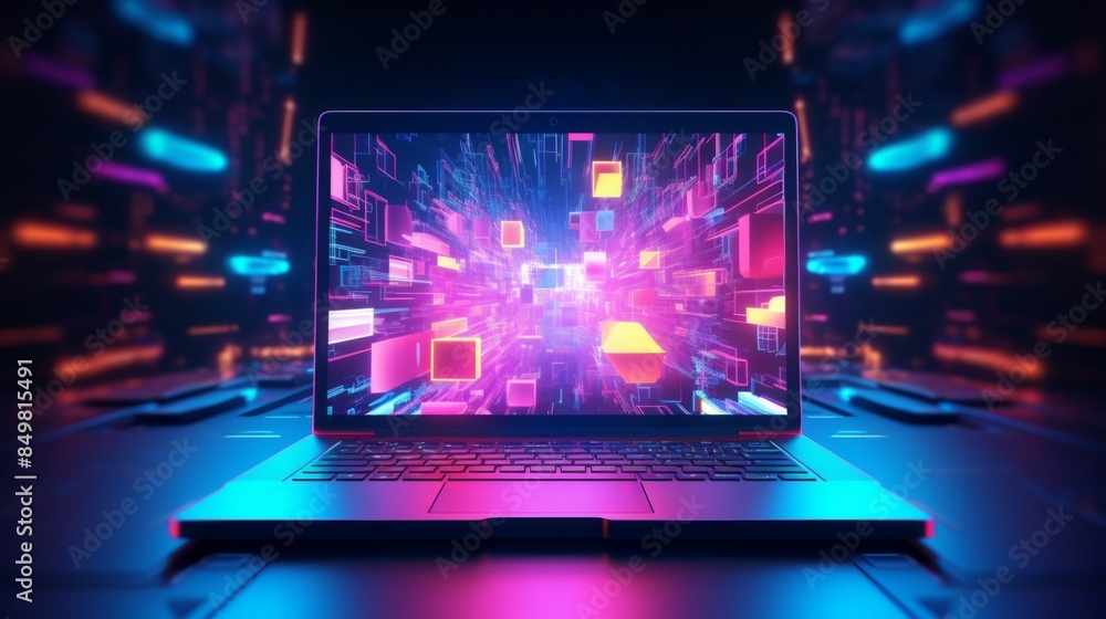 Fototapeta premium A laptop displays a captivating 3D digital tunnel effect with bright colors suggestive of high-speed data travel
