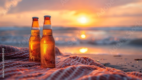 Beer bottles on a beach blanket, sunset background with warm and inviting colors, relaxing and fun photo