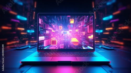 A laptop displays a captivating 3D digital tunnel effect with bright colors suggestive of high-speed data travel