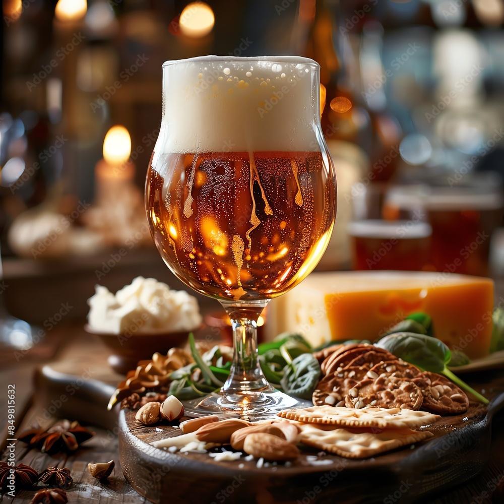 Belgian beer in a goblet glass, elegant presentation with a cheese platter, sophisticated dining setting Belgian beer in a goblet glass, elegant presentation with a cheese platter, sophisticated dining setting