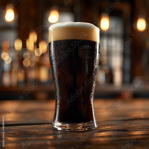 Dark stout beer in a glass, rich and creamy foam, cozy pub with dark wood and ambient lighting photo