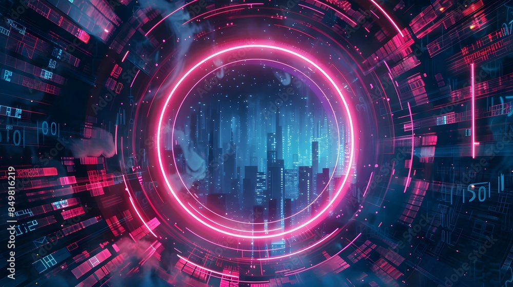 Fototapeta premium Glitch circle. Distorted glowing circle cyberpunk style. Futuristic round shape with TV interference effect. Design for promo music events, games, web, banners, backgrounds. 