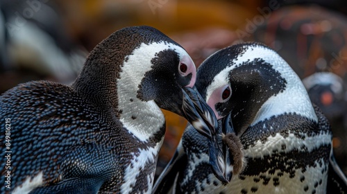 A pair of Magellanic penguins are intimately close, their heads touching and beaks crossed, against a bokeh background photo