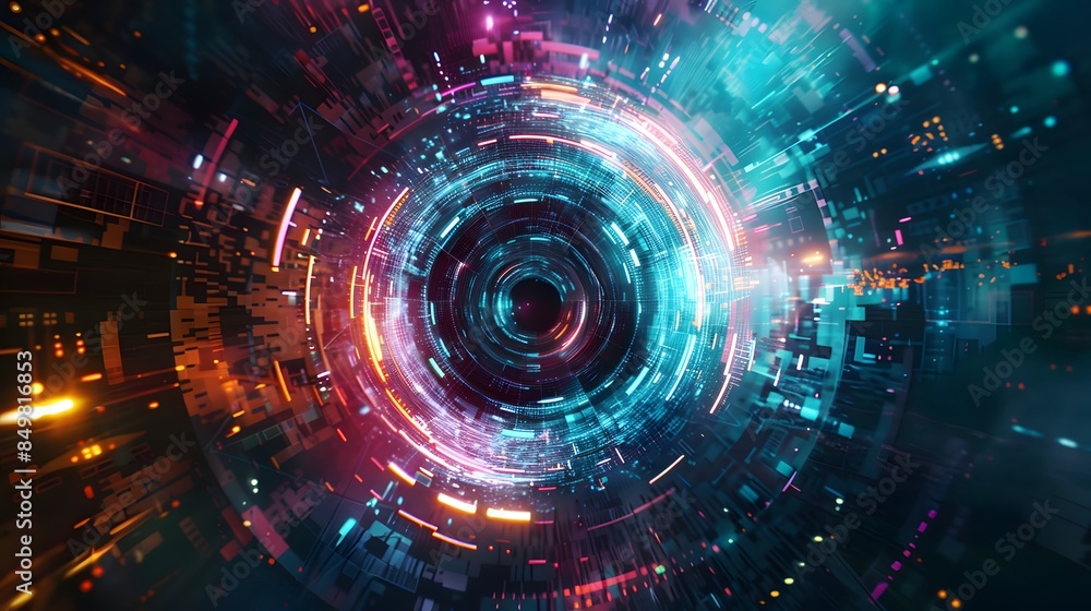 Fototapeta premium Glitch circle. Distorted glowing circle cyberpunk style. Futuristic round shape with TV interference effect. Design for promo music events, games, web, banners, backgrounds. 