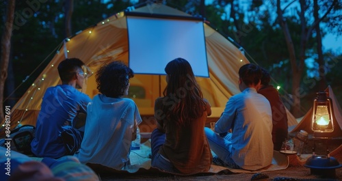 A group of friends sitting outside the tent and watching a movie on a portable projector powered by the tents solar panels.