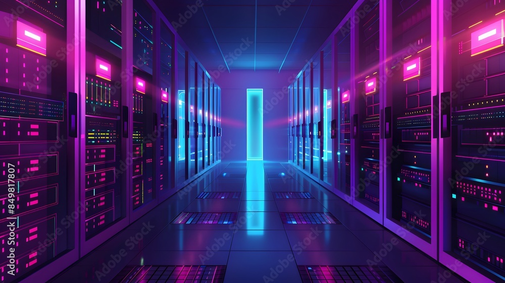A digital illustration of a data center with rows of servers and networking equipment, generative AI A digital illustration of a data center with rows of servers and networking equipment, generative AI