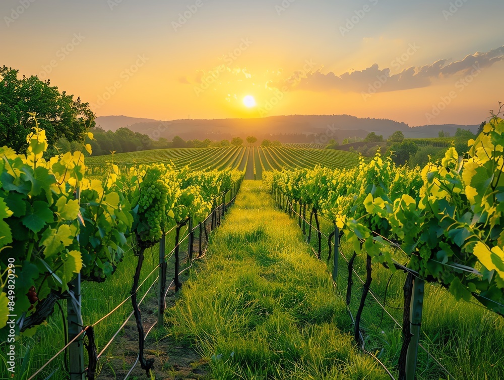 Naklejka premium Vineyard landscape with rows of grapevines, early morning light, serene and picturesque