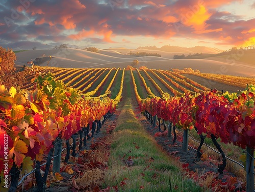 Vineyard in autumn with colorful leaves, picturesque and serene landscape photo