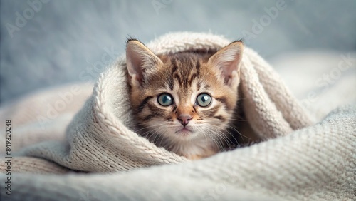 of a cute scared kitten peeking out from under a blanket, kitten, scared, hiding, hiding under blanket, cute, fluffy, pet © guntapong