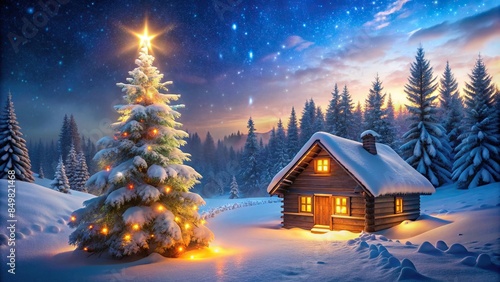 Winter wonderland Christmas background with sparkling snow, cozy cabin, and a glowing Christmas tree, winter, Christmas © guntapong