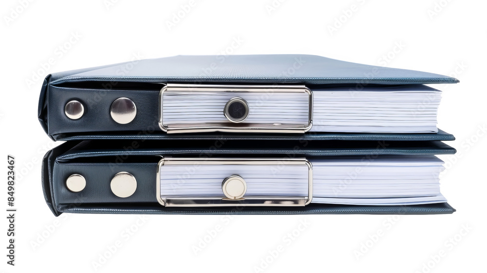 Two black and blue binders stacked on top of each other filled with documents. Perfect for illustrating office organization and paperwork. Two black and blue binders stacked on top of each other filled with documents. Perfect for illustrating office organization and paperwork.