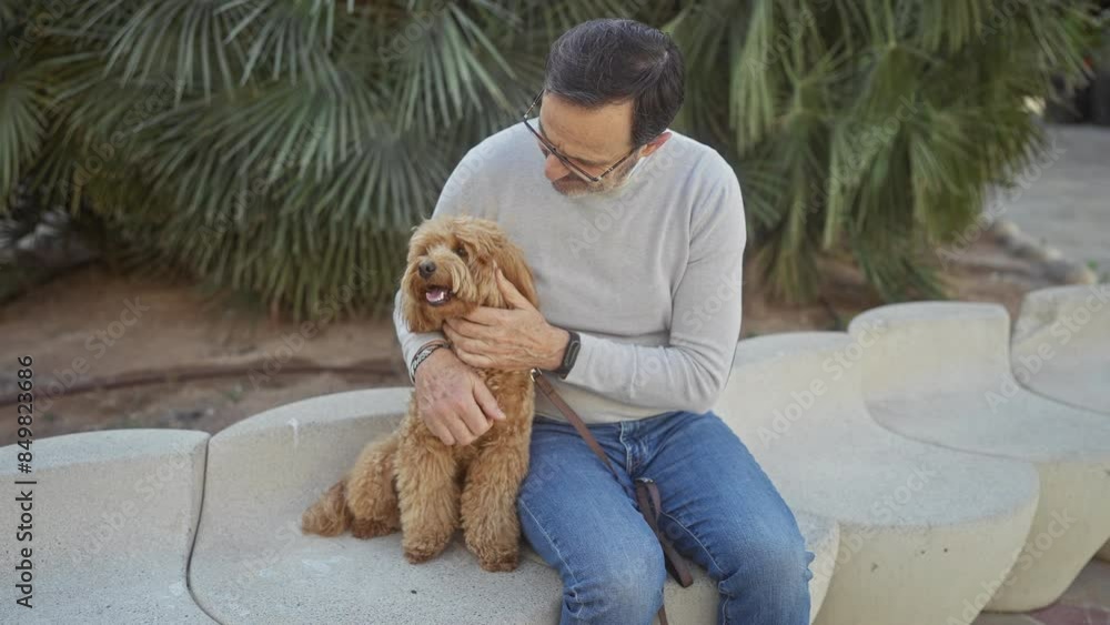 A middle-aged man affectionately cuddling his poodle in a serene urban park setting. A middle-aged man affectionately cuddling his poodle in a serene urban park setting.