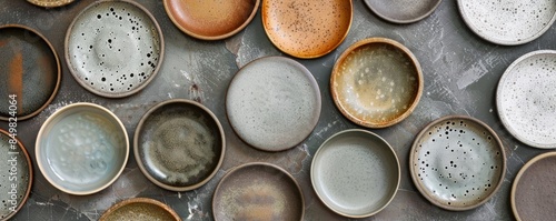 Close-up of various circular ceramic plates on a textured surface