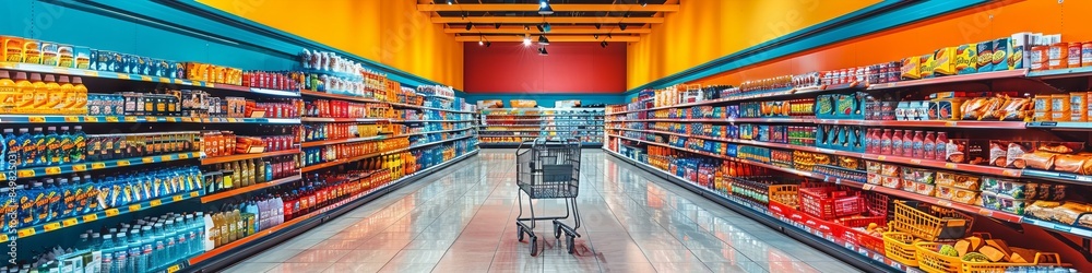 A shopping cart in an aisle in a grocery store. A shopping cart in an aisle in a grocery store.