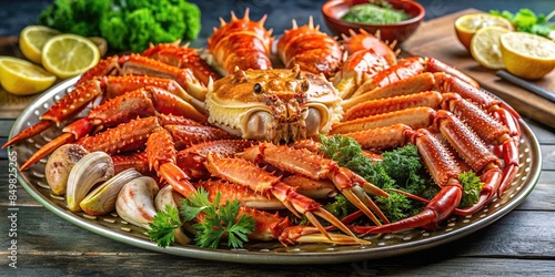Close-up of a delicious seafood platter with king crab, spider crab, lobster, and other crustaceans, seafood photo