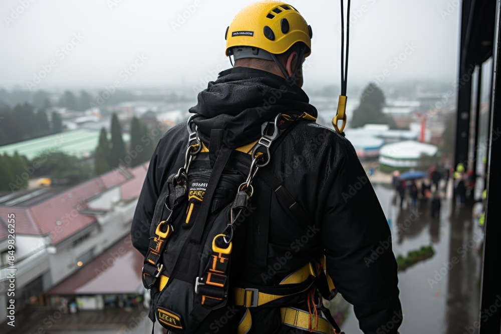 Obraz premium Industrial rope access technician wearing safety harness hanging from the building and cleaning windows with a squeegee on a cloudy day. High-rise buildings in the background