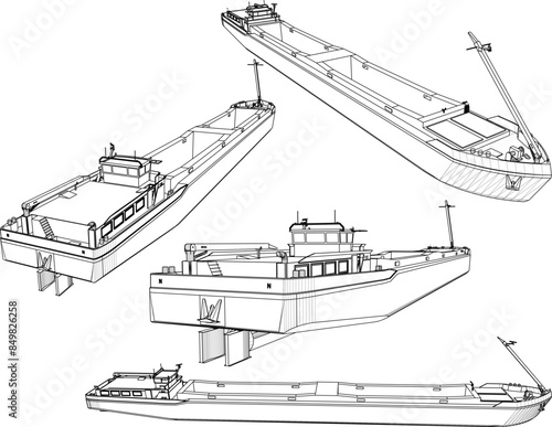 Vector illustration sketch of fish prospecting container ship design drawing for large industry 