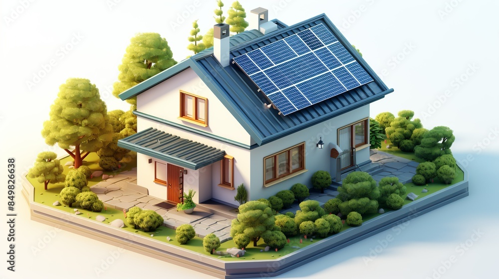 Aerial view of a small minimalist house with a flat roof, rooftop solar panels, and a small skylight, emphasizing the clean and efficient design, set against a white background. Clipart Flat color Aerial view of a small minimalist house with a flat roof, rooftop solar panels, and a small skylight, emphasizing the clean and efficient design, set against a white background. Clipart Flat color