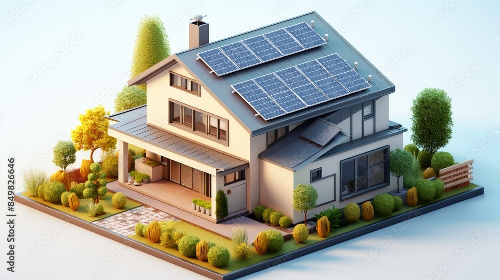 Aerial view of a small minimalist house with a flat roof, rooftop solar panels, and a small skylight, emphasizing the clean and efficient design, set against a white background. Clipart Flat color Aerial view of a small minimalist house with a flat roof, rooftop solar panels, and a small skylight, emphasizing the clean and efficient design, set against a white background. Clipart Flat color