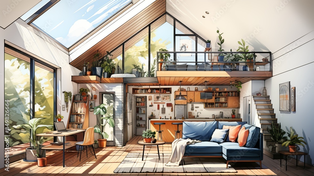 Interior layout of a small minimalist house with open-plan living space, large windows allowing natural light, and minimal furnishings, illustrated against a white background. Clipart Flat color Interior layout of a small minimalist house with open-plan living space, large windows allowing natural light, and minimal furnishings, illustrated against a white background. Clipart Flat color