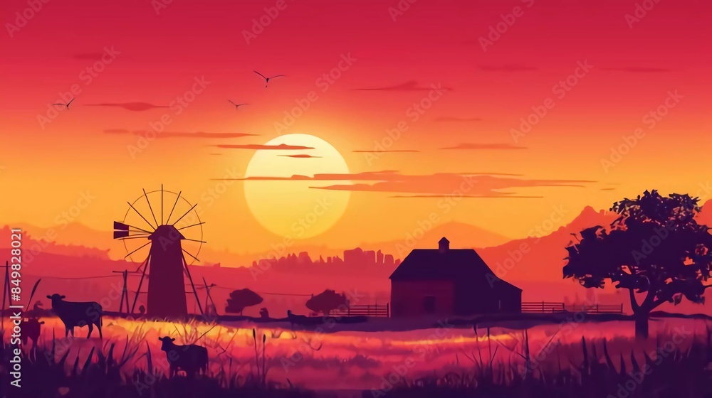 Rural landscape vector illustration. Farm silhouette landscape with ...