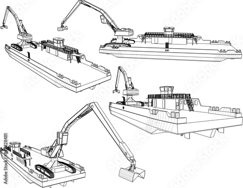 Vector illustration sketch of industrial crane pontoon boat design for dredging mud in rivers