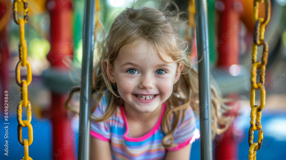 Little girl smiling while swinging on a playground swing, colorful play equipment around. Little girl smiling while swinging on a playground swing, colorful play equipment around.
