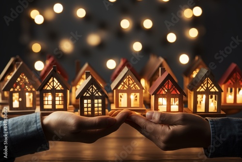 This is an image of a variety of wooden houses with warm glowing candlelight inside on a dark background with little white lights in the distance