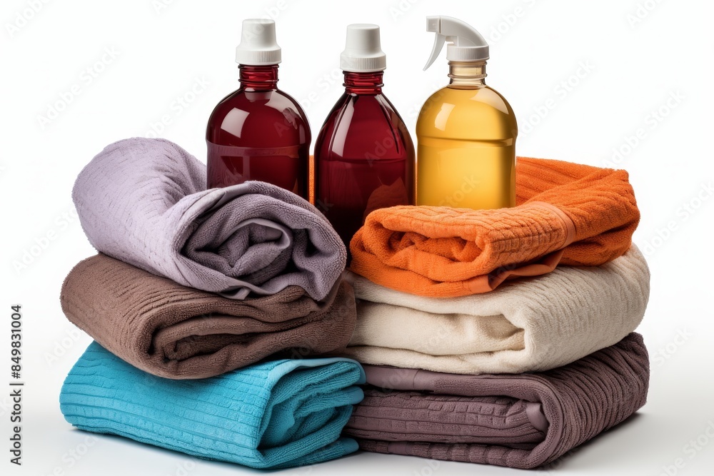 A stack of neatly folded bath towels in various colors with detergent and fabric softener, perfect for a fresh laundry day. This image showcases an organized laundry setup A stack of neatly folded bath towels in various colors with detergent and fabric softener, perfect for a fresh laundry day. This image showcases an organized laundry setup