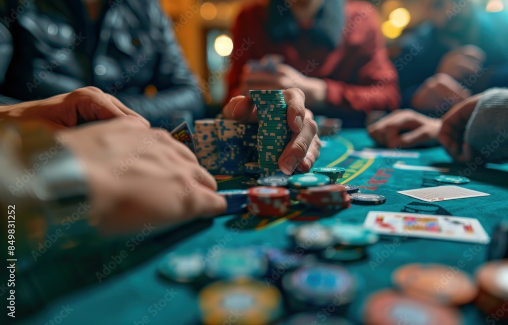 Group of people playing poker at a casino table with chips and cards fun night out with friends and gambling excitement Group of people playing poker at a casino table with chips and cards fun night out with friends and gambling excitement