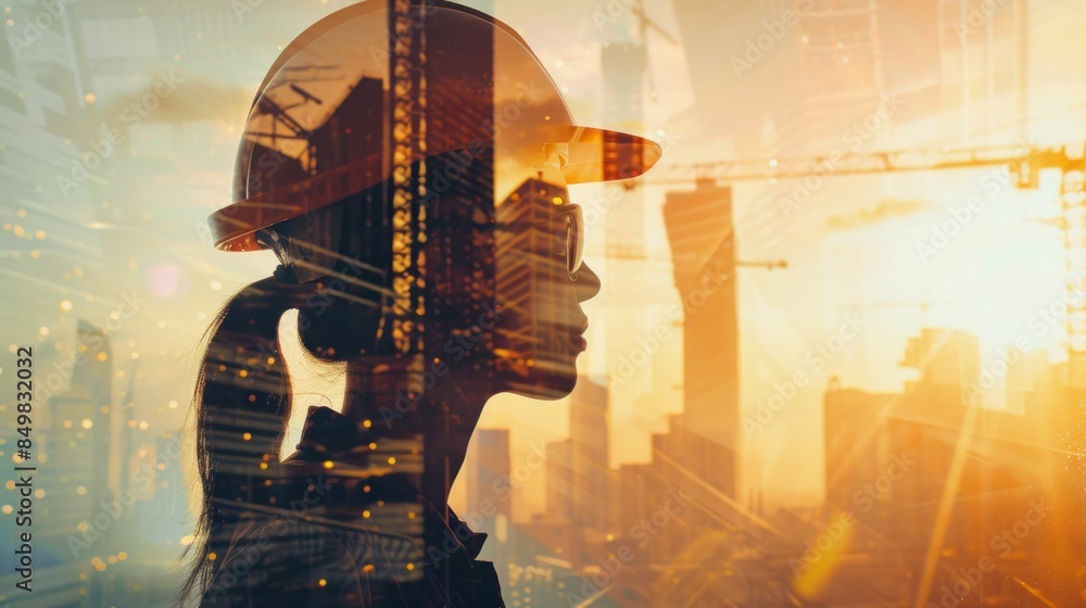 Urban construction site woman in hard hat silhouetted against cityscape with cranes in background Urban construction site woman in hard hat silhouetted against cityscape with cranes in background