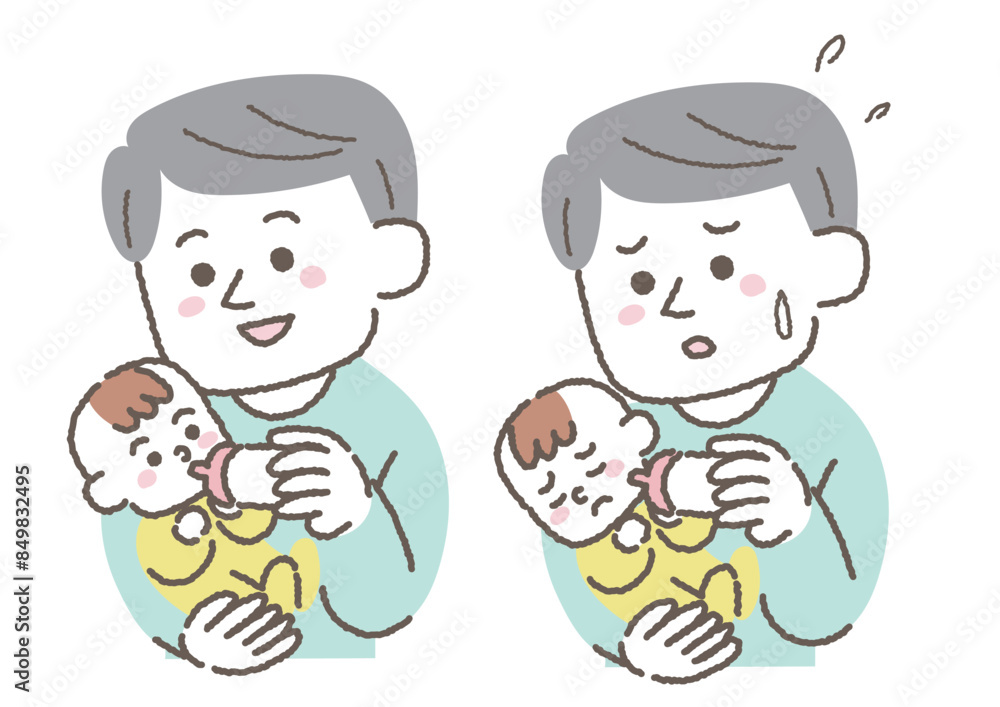 赤ちゃんにミルクをあげている父親のイラストセット 赤ちゃんにミルクをあげている父親のイラストセット