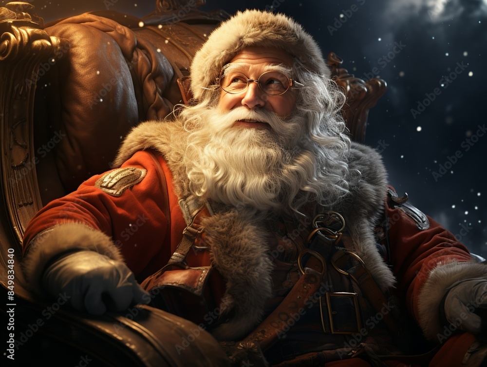 Obraz premium Santa Claus seated in a sleigh with reindeer, holding the reins and looking ready for takeoff, with a starry night sky in the background, highlighting the magic of his Christmas Eve journey. 3d